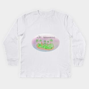 Dos Hermanos watercolor Island travel, beach, sea and palm trees. Holidays and vacation, summer and relaxation Kids Long Sleeve T-Shirt